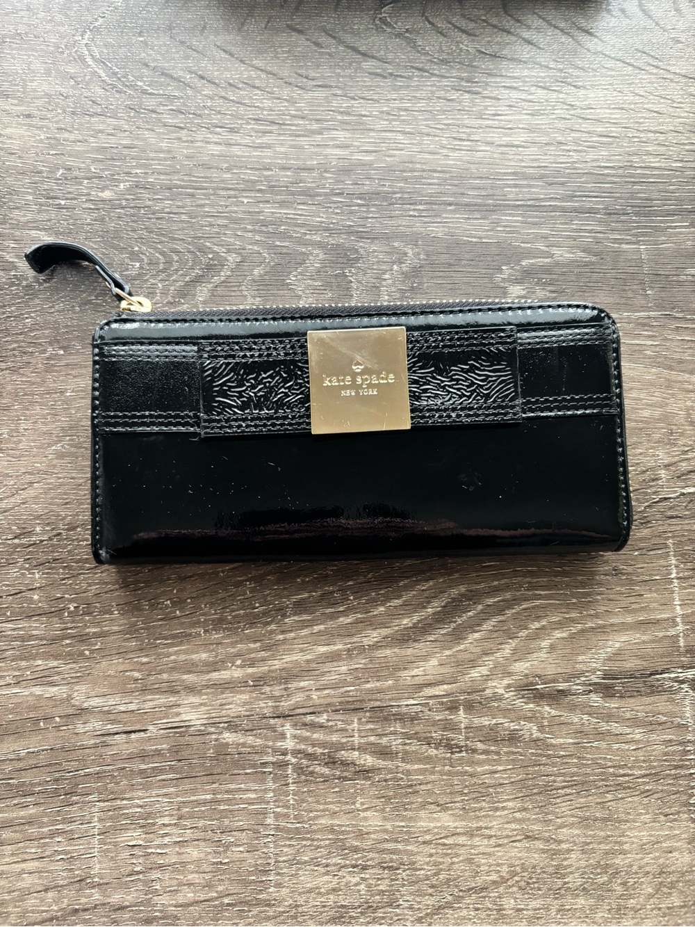 kate spade Black Patent Leather Zip Wallet with Gold Plaque